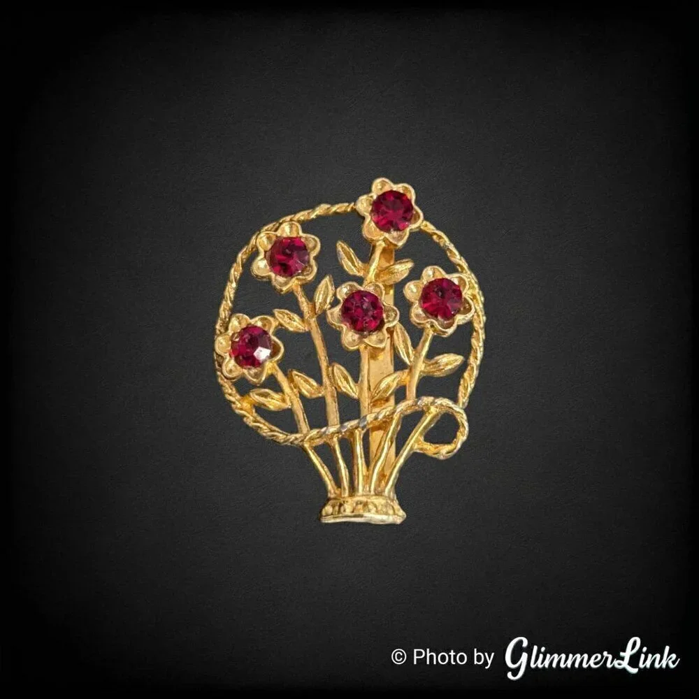 Vintage Red Rhinestone Flower Basket Gold Tone Brooch Pin